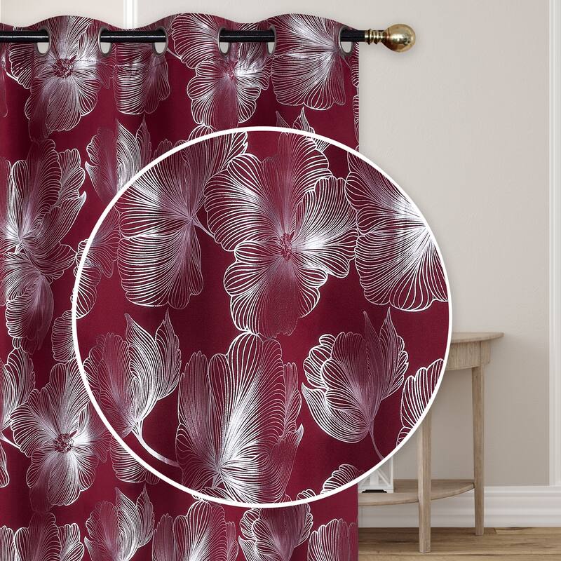 IH Casa Decor Foil Print Panel W 8 Grom Hibiscus Burgundy 84" - Set of 2 - Black