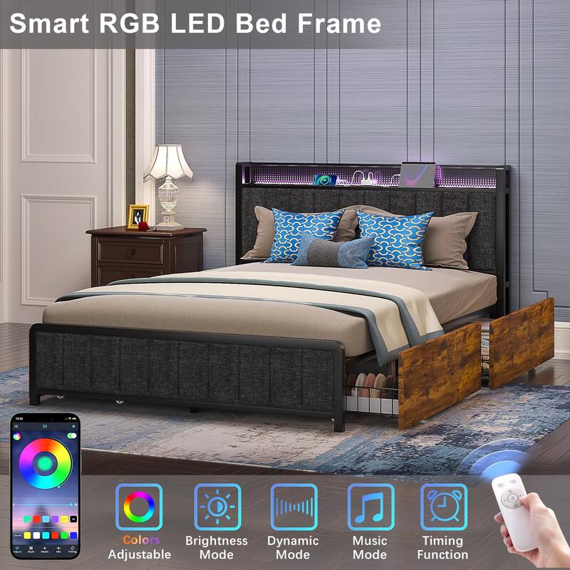 VECELO Bed Frames with Charging Stations, Upholstered Platform Beds with Storage Headboard and 4 Drawers