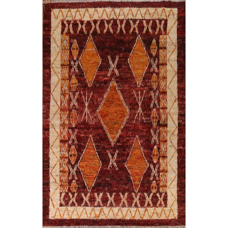 Hand Knotted Oriental 100% Wool Carpet Modern Tribal Red Moroccan Area Rug - 9' 10'' X 6' 10''