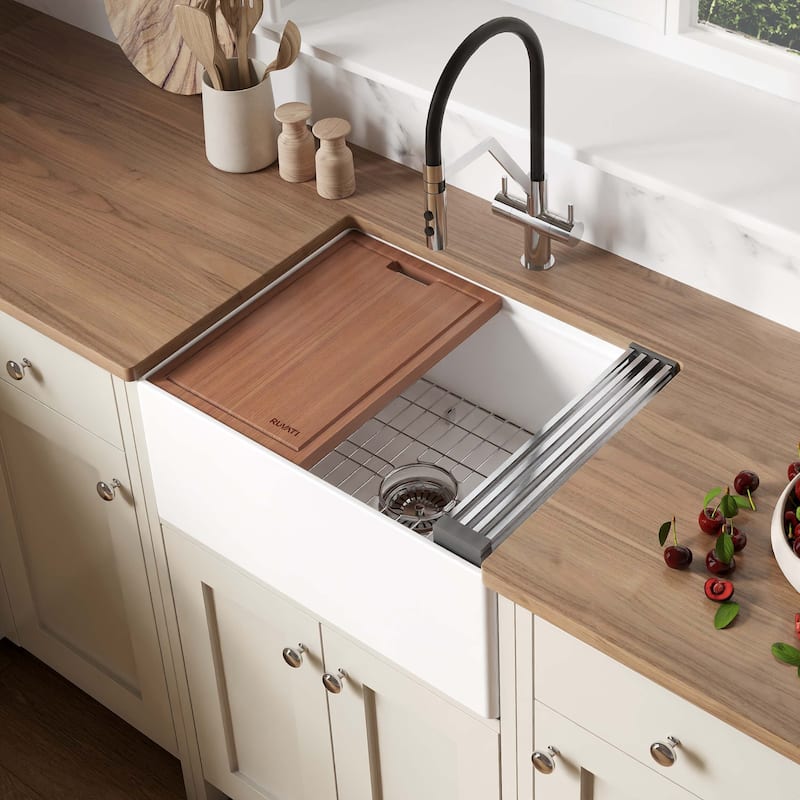 Ruvati 24 inch Fireclay Workstation White Farmhouse Kitchen Sink Apron Front Single Bowl - RVL2484WH - 24 x 18