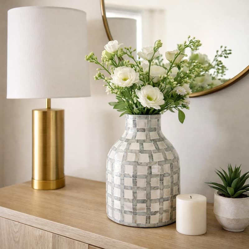 Mosaic Capiz Vase with Checkered Pattern - Tall Flower Vase