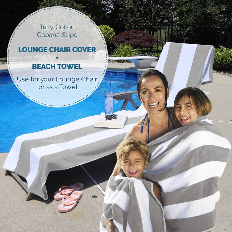 100% Cotton Cabana‑Stripe Lounge Chair Cover Terry Towel with Fitted Pocket & Back Flap Set of 2