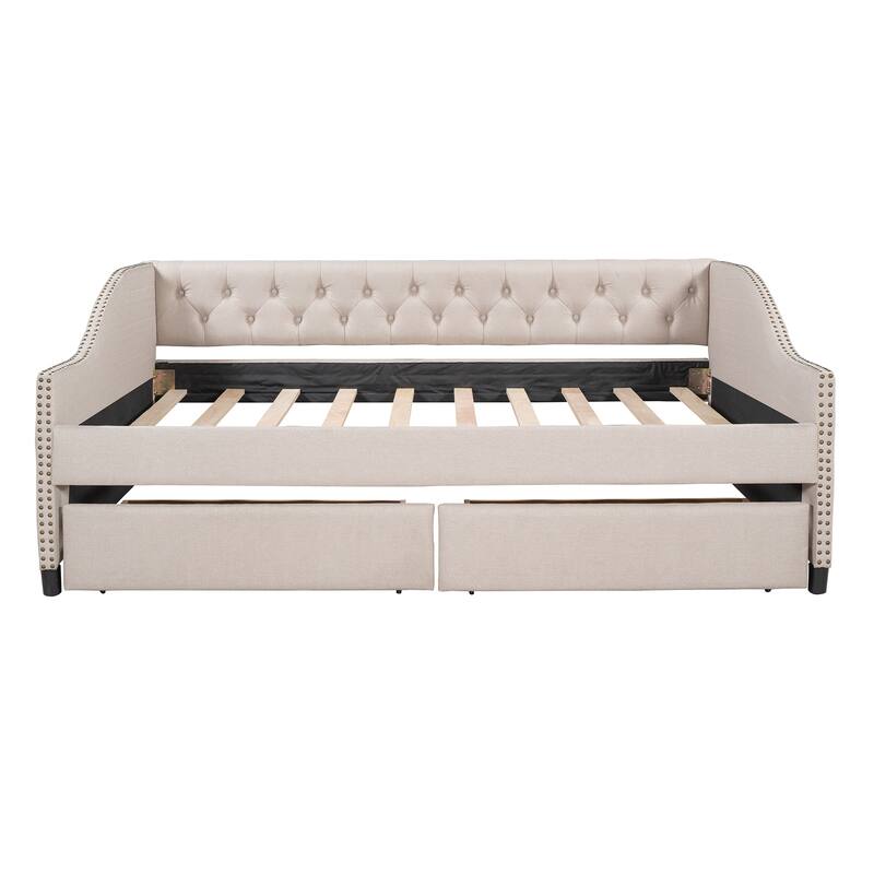 Full Size Upholstered Daybed with Two Drawers, Solid Wood Full Size Sofa Bed Frame with Button Tufted and Nailtrim on Arms