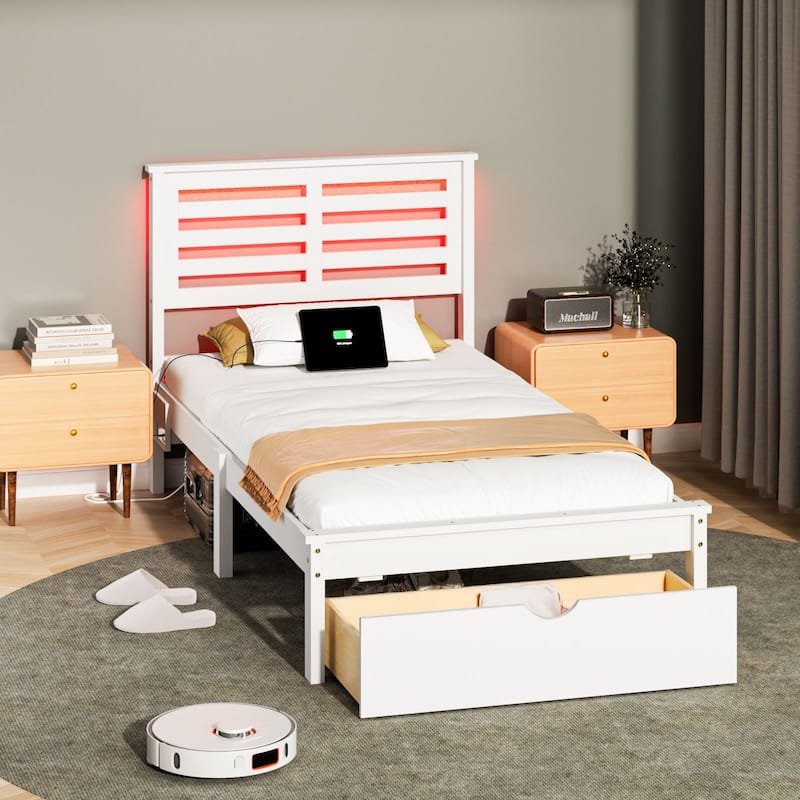 Twin Wood Bed Frame with Charging Station, Lighted Platform Bed, White - Twin - Twin/Drawer