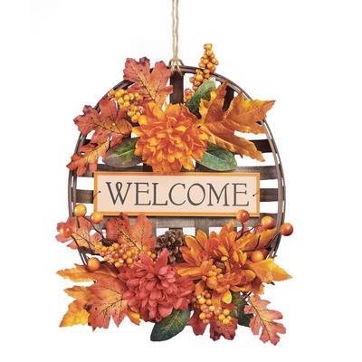 Autumn Floral Welcome Wooden Basket Wall Décor