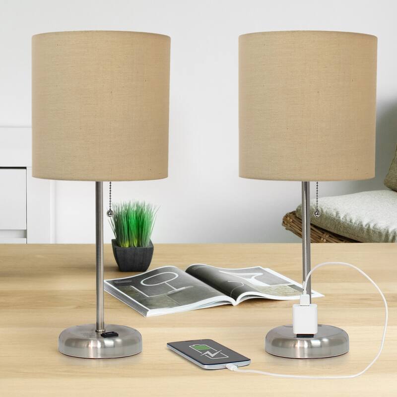 Stick Table Lamps with Drum Shade - 19.5" - Silver and Tan - Set of 2