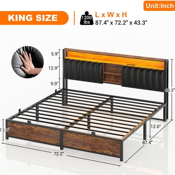 dimension image slide 0 of 10, Upholstered Bed Frame with Storage Shelving, Platform Beds with Charge Station and LED Lights
