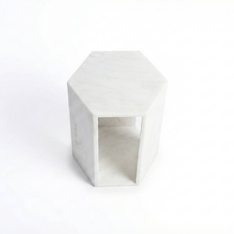 Roomfitters Luxury Natural Marble Hexagon Side Table, Solid Stone Geometric Pedestal End Table, Polished Finish
