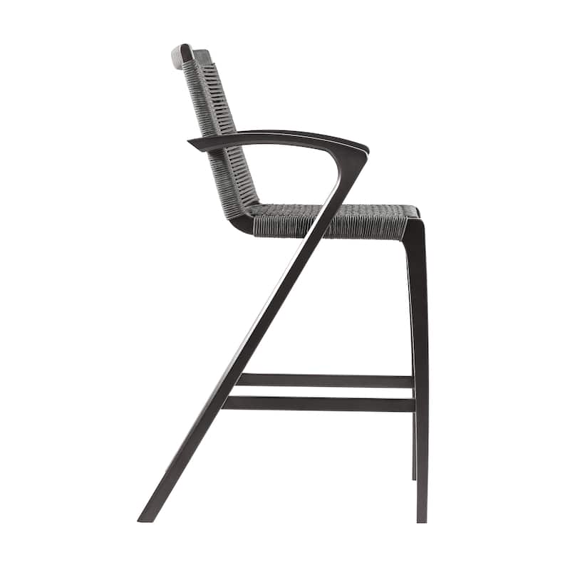 Nabila Gray Rope and Dark Eucalyptus Wood Outdoor Counter Height Bar Chair