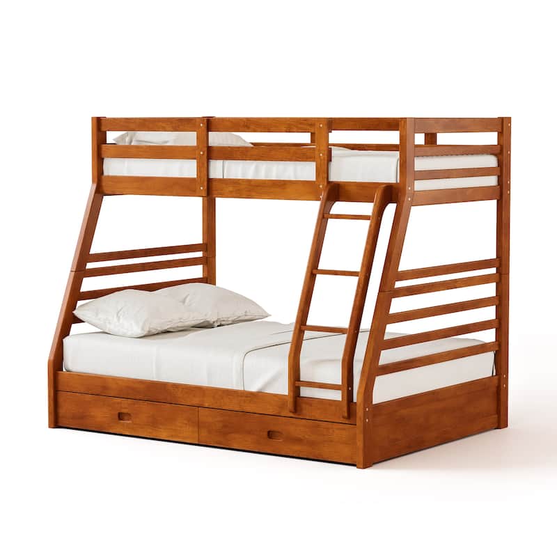 Cude Modern Twin over Full Solid Wood Bunk Bed Set by Furniture of America - Oak