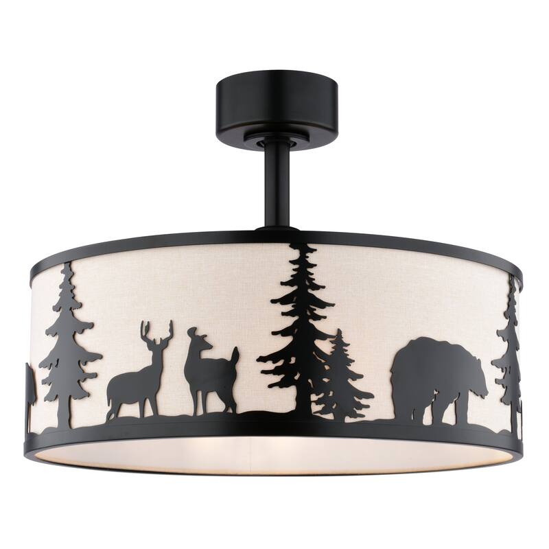 Acadia 20 in. Bronze Rustic Fandelier Ceiling Fan with Black Blades, LED Light Kit and Remote, Wildlife White Linen Drum Shade