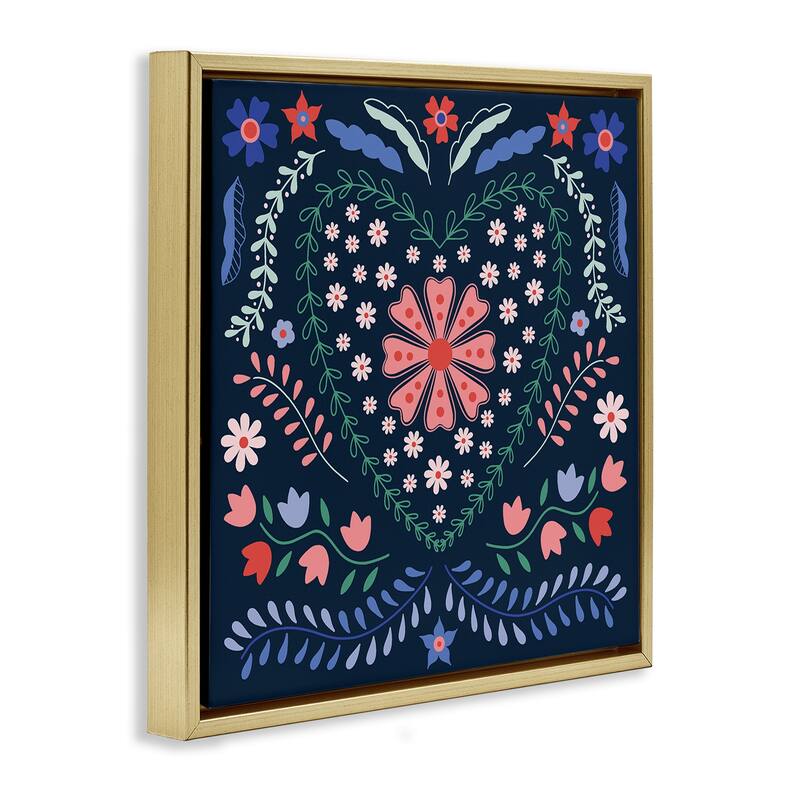 Stupell Folk Flowers in Heart Pattern Framed Floater Canvas Wall Art Design By Sazerelli Designs