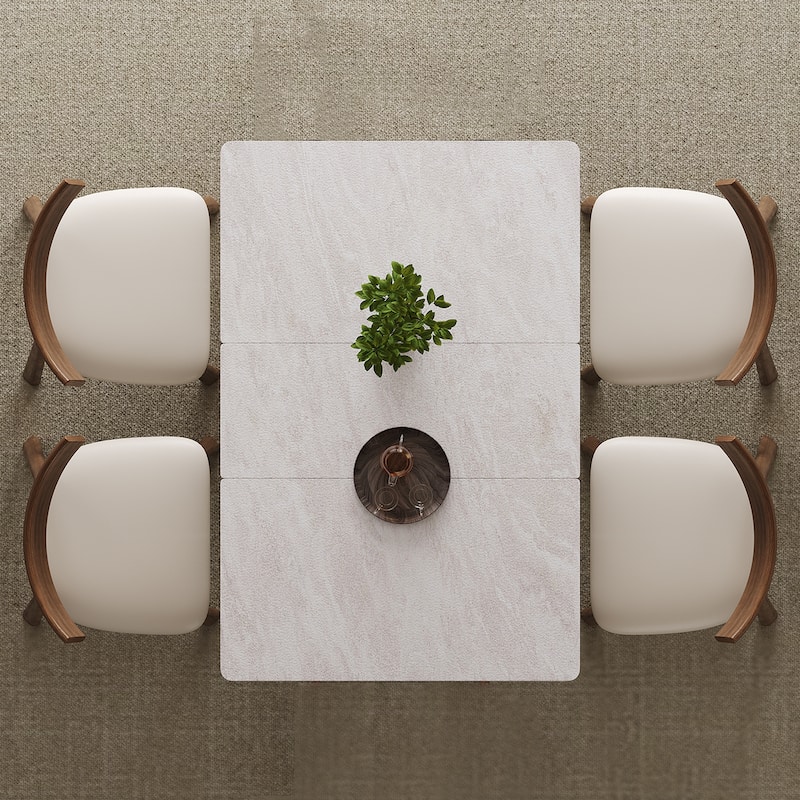 Retractable Rock Slab Dining Table Set, Modern 5-Piece Expandable Table with 4 Wooden Leg Chairs & Leather-Wrapped Base