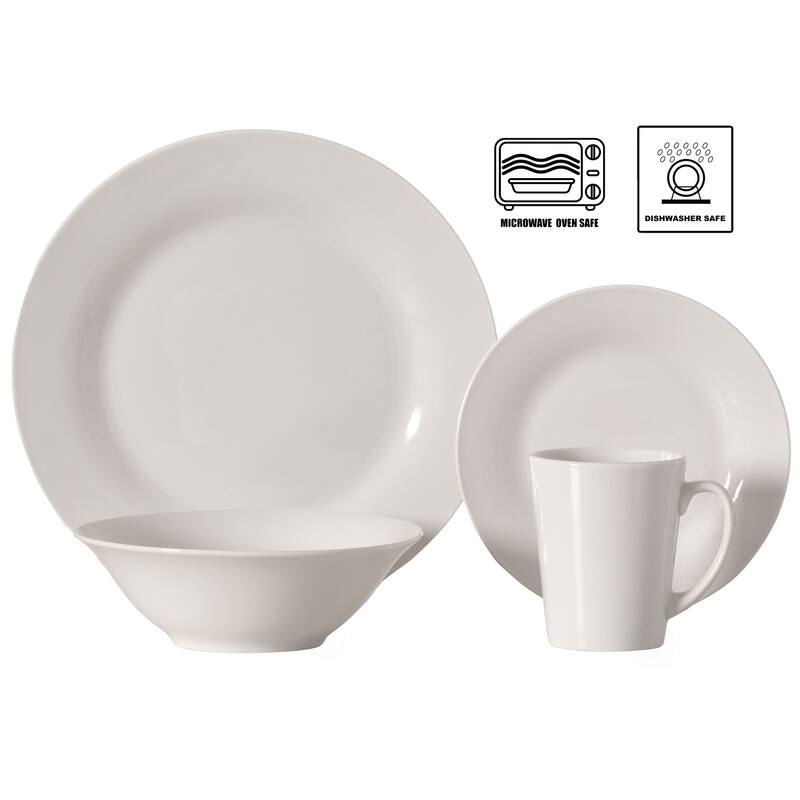 Dinewares 16 PC Rimmed Dinnerware Set for 4 Person, Mugs, Salad and Dinner Plates and Bowls Sets, White