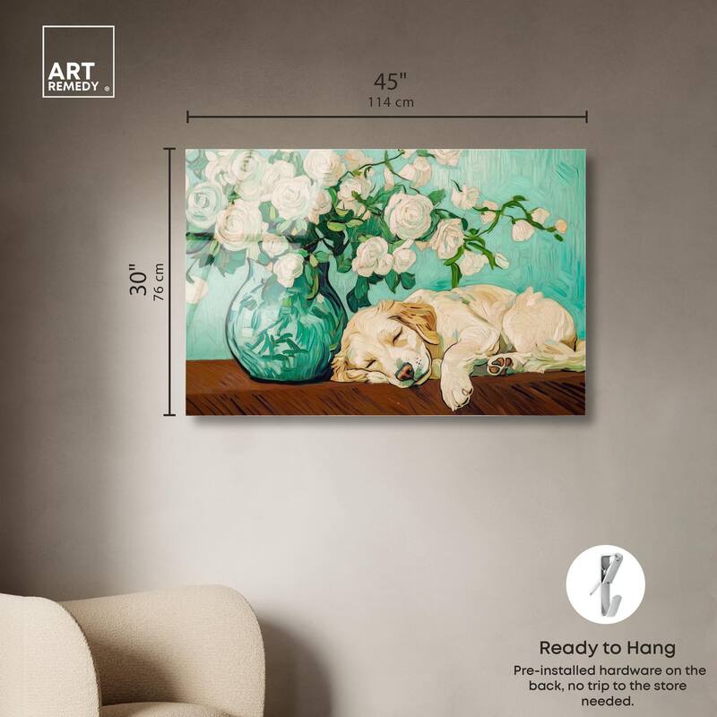 Rose Vase Puppy Acrylic by Art Remedy, Ready to Hang