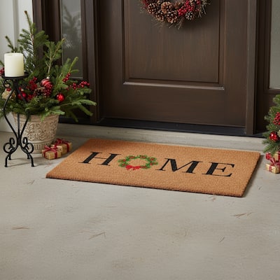 HomeRoots 17" X 29" Brown Black And Green Christmas Outdoor Coir Door Mat - 17.00' X '29.00