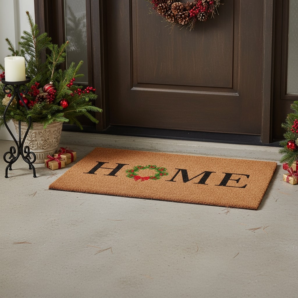 HomeRoots 17" X 29" Brown Black And Green Christmas Outdoor Coir Door Mat - 17.00' X '29.00