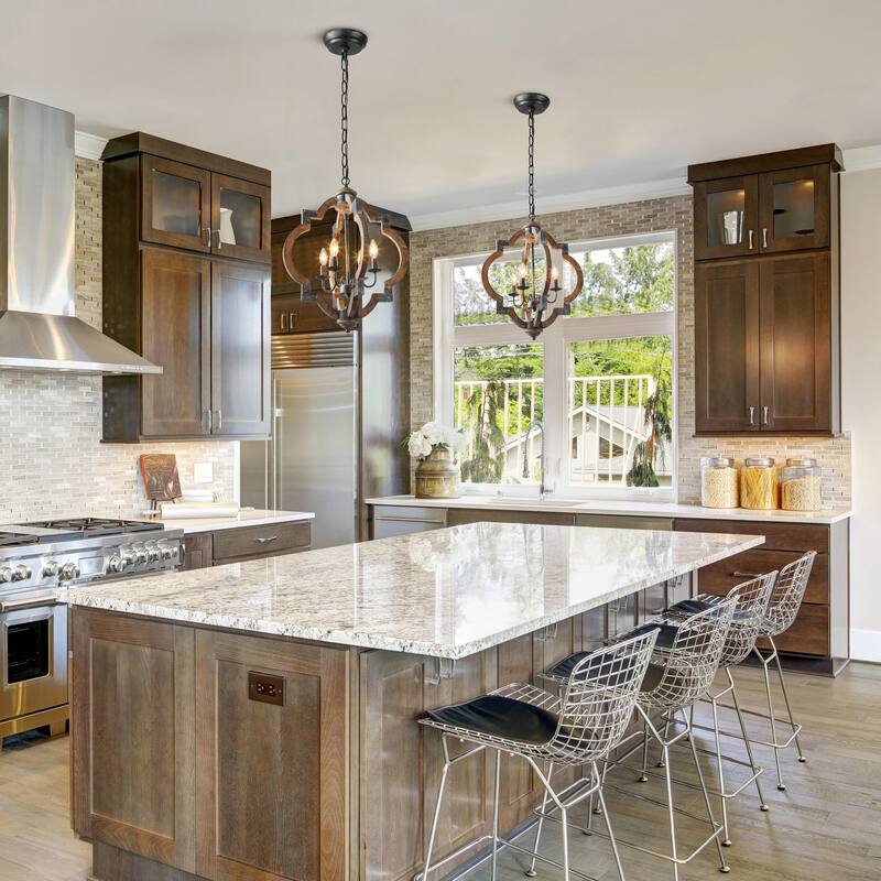 Modern Farmhouse 3/4-Light Wood Lantern Chandelier for Dining Room Foyer
