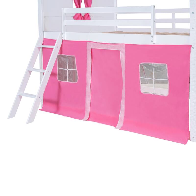 Full Size Wooden Bunk Bed with Elegant Windows and Tent Design in Pink and White