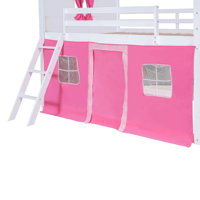 Twin/Full Size Wooden Floor Bunk Bed, Solid Pinewood House Shaped Bunk Bed Frame with Elegant Windows, Sills, Tent and Roof