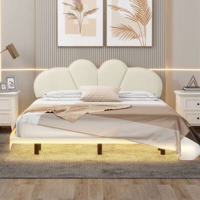 Queen Size Upholstery Platform Bed with PU Leather Headboard and Support Legs,Underbed LED Light