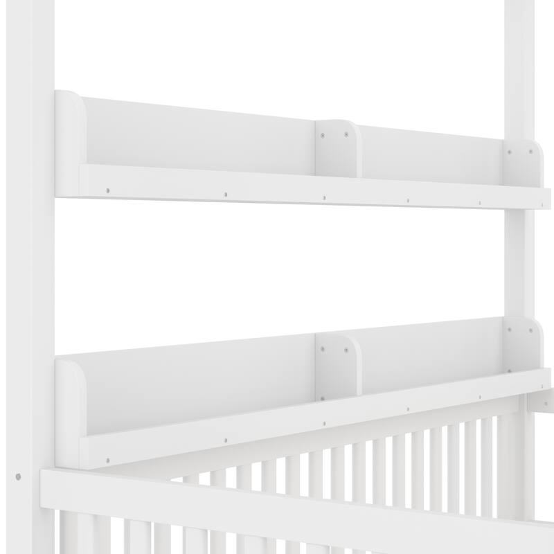Roomfitters Canopy Floor Bed with Guardrails and Shelves, Solid Wood Montessori Frame