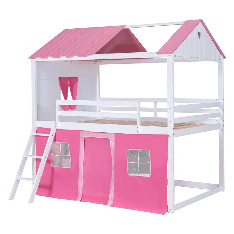 White+Pink Full Size Wood Castle House Bunk Bed with Windows, Sills, Tent, and Slide, Playhouse Design