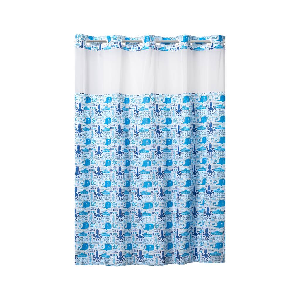 Hookless Kids Silly Sea Life Print Shower Curtain with PVC Liner