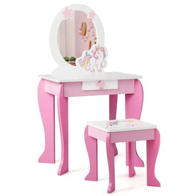 Kids Wooden Makeup Dressing Table and Chair Set with Mirror and Drawer - 19" x 14" x 35" (L x W x H)
