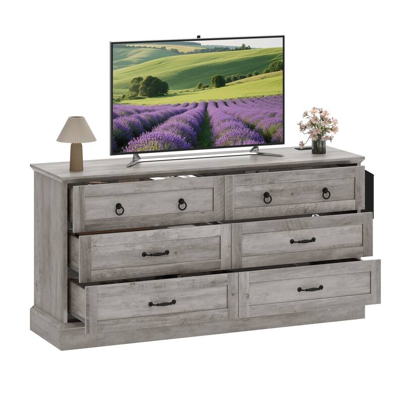 Moasis 59 Inch Farmhouse 6 Drawer Dresser for Bedroom Storage Organizer with Wood Finish and Metal Handles