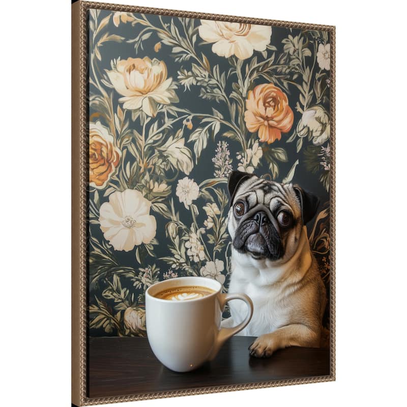 The Latte Loving Pug by Mowzu Framed Canvas Wall Art