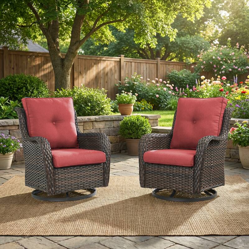 Pocassy Outdoor Wicker Glider Swivel Club Chairs (Set of 2) - Mix Grey - Brown/Red