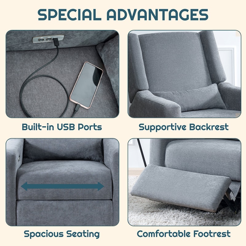 Upholstered Swivel Glider Recliner Chair with USB & Lumbar Support