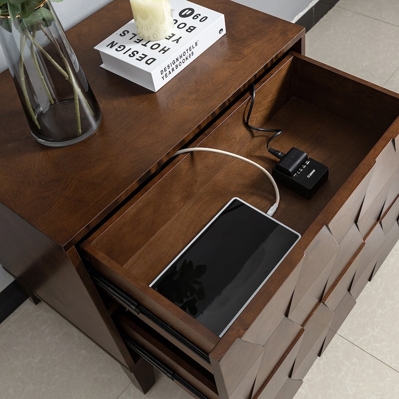 Ethe Mid-Century 2-Drawer Storage Nightstand with Adjustable Solid Wood legs and Charging Station Set of 2 By HULALA HOME