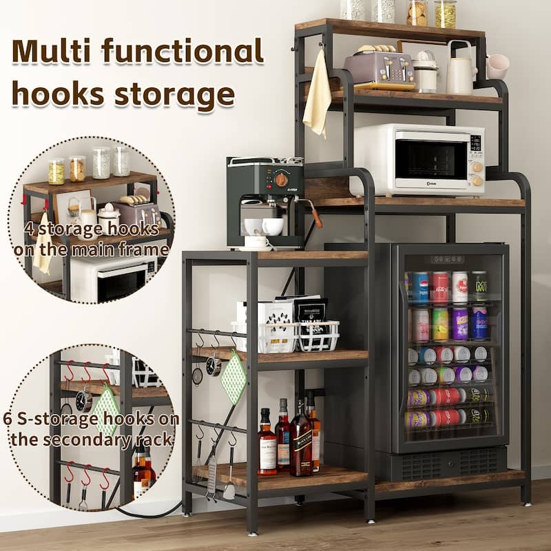 Multifunctional 7-Tier Mini Fridge & Microwave Stand with 2 AC/2 USB Outlets - Coffee Bar & Bakers Rack Storage Shelf