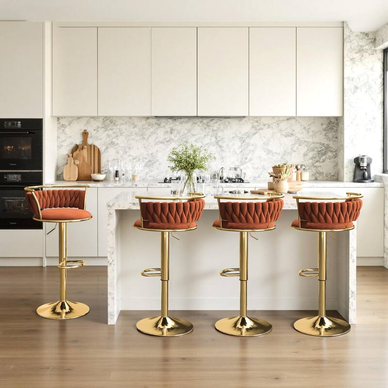 Velvet Upholstered Adjustable Bar Stool Swivel Counter Chair Set of 2 - Orange/Gold - Set of 4