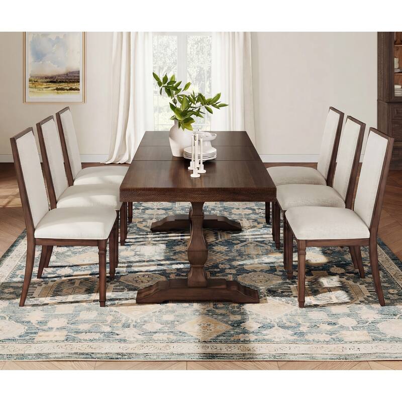 7-pieces Farmhouse Dining Table Set for 6, 74.8" Kitchen Table with Chairs, Solid Wood Legs and Upholstered Back