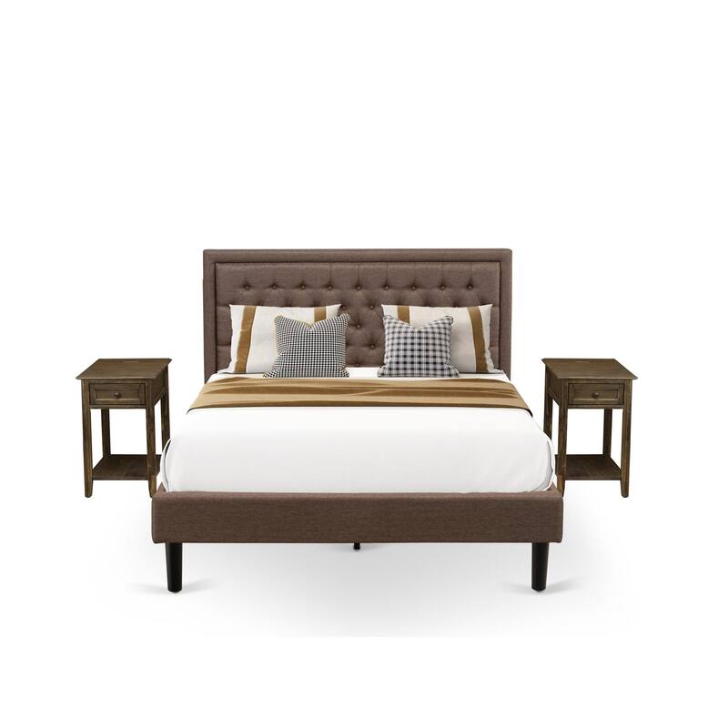 East West Furniture Queen Bed Set - Queen Bed Frame Size Brown Headboard with Nightstand - Black Finish Legs(End Table Options)