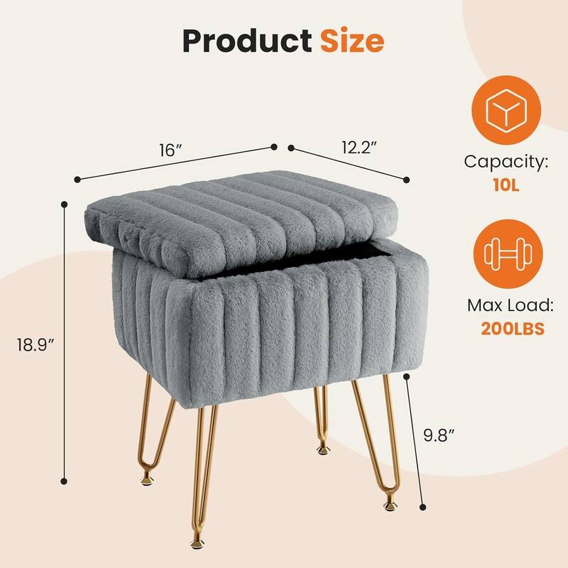 Vanity Stool Chair with Storage, Ottoman Boucle Soft Padded Makeup Footstools Seat 1PCS - 12.2"D x 16"W x 18.9"H