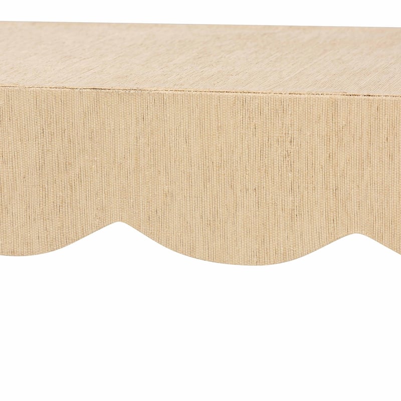 Mason Natural Grasscloth Coffee Table - Rectangular Accent Table with Scalloped Apron, Modern Coastal Living Room Centerpiece
