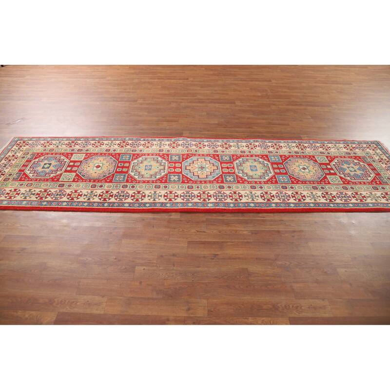 Geometric Kazak Runner Rug Hand-Knotted Oriental Red Wool Carpet - 2'9" x 9'11"