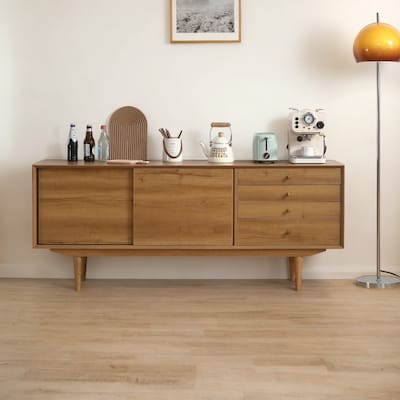 4-Drawer 2-Door Buffet Sideboard with Large Storage, Modern 3D Edge Design and Solid Wood Legs for Dining Room, Antique Yellow