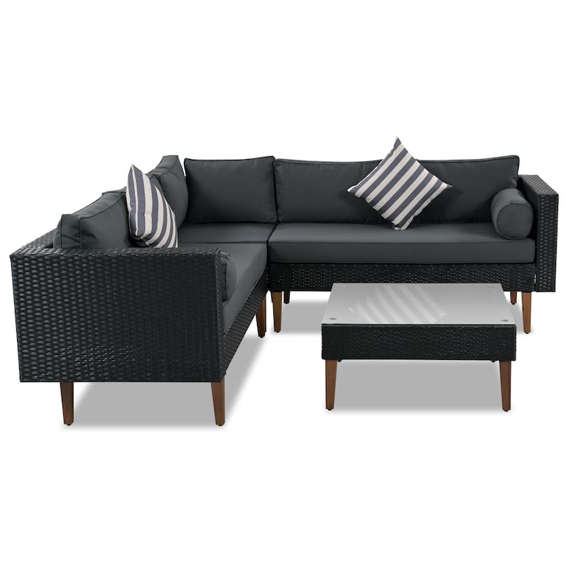 4 Pieces Outdoor Conversation Wicker Sofa Set All Weather Patio L Shaped Sectional Sofa Set with Coffee Table