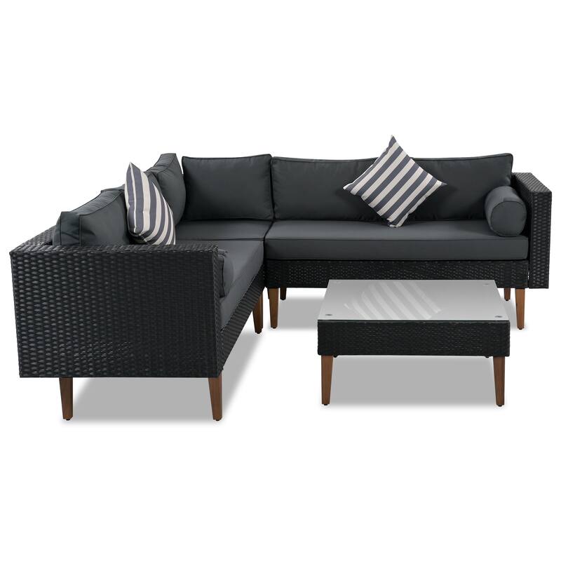 Roomfitters 4-Piece Outdoor Sectional Sofa Set with Glass Coffee Table, Tapered Wood Legs Rattan Furniture, Black+Gray