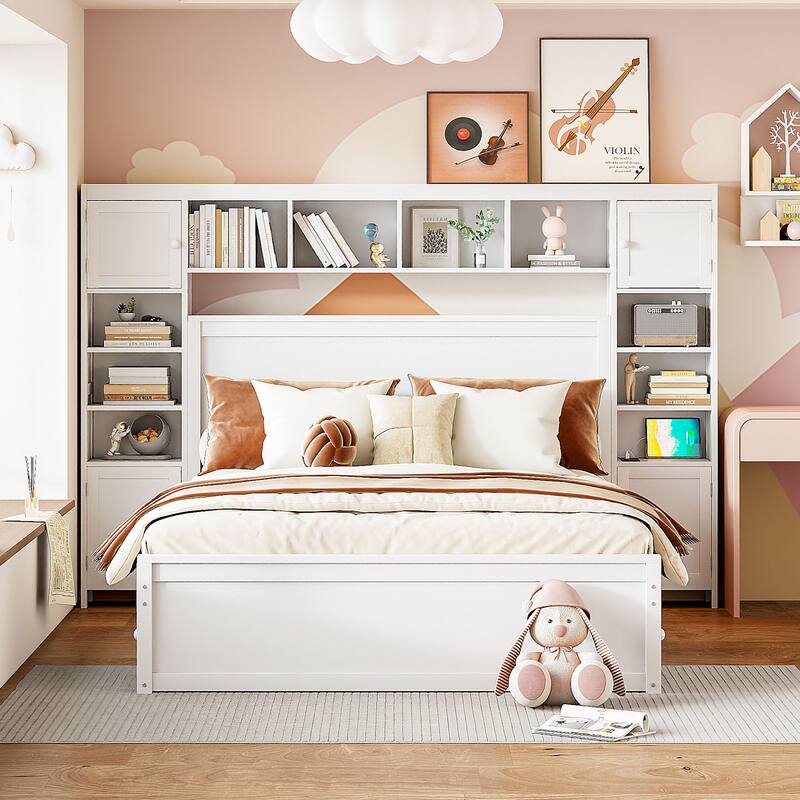 Luxurious Clutter-Free Storage Platform Bookcase Bed with Outlet - White - 2 Drawers - Queen