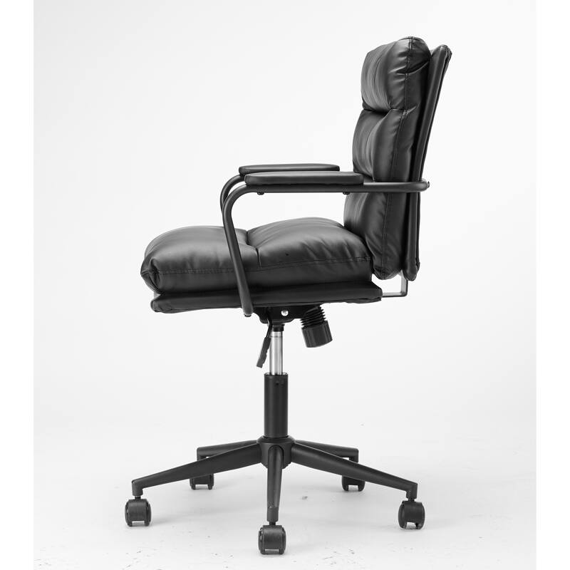 Black Mid Back Leather Office Chair with Arms and Wheels for Home Office
