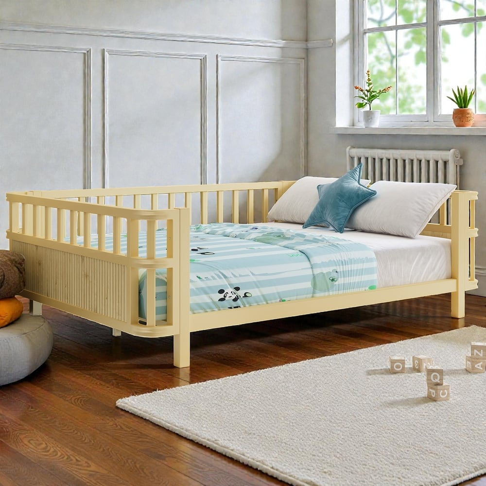 Kids Metal and Wood Platform Bed with Safety Rails, Low Profile Twin Full Children Bed for Boys and Girls