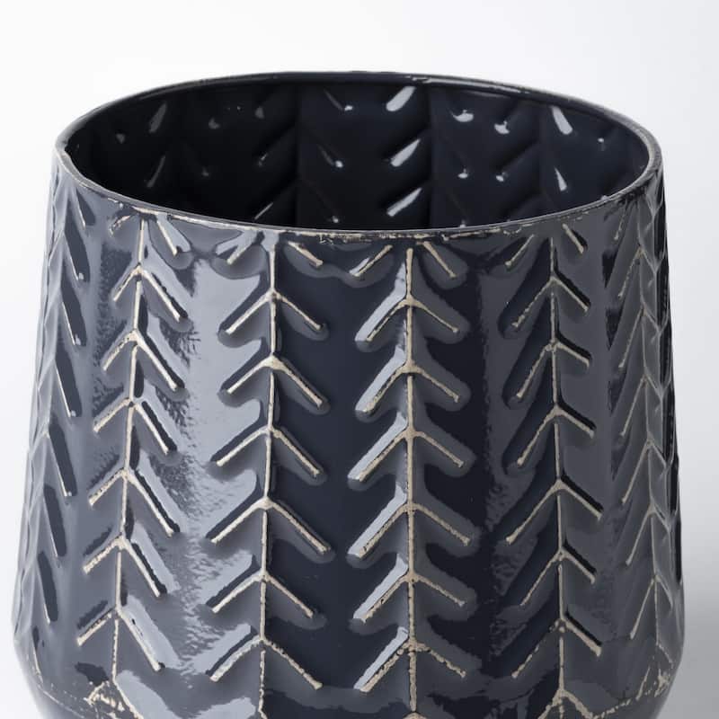 Modern Embossed Metal Vase in Dark Blue for Home Decor and Accents