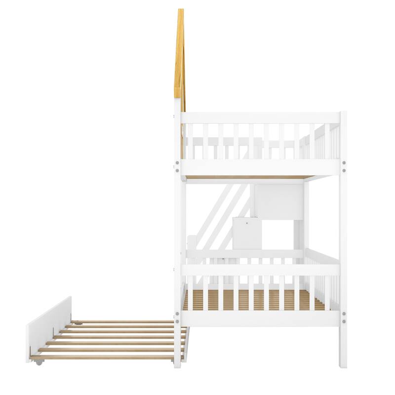 GDFStudio -DreamCottage Modern Wooden House Roof Bunk Bed with Storage Drawers and Staircase