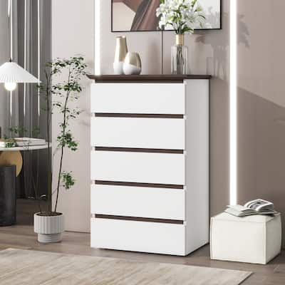 Tall 5-Drawer Vertical Chest with Wood Finish Top and Handleless, Small Dresser for Kids Bedroom, Living Room